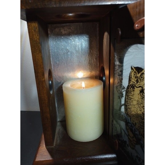 Vintage Owl Glass Wooden Lantern Box Candle Holder Brown - Picture 7 of 14